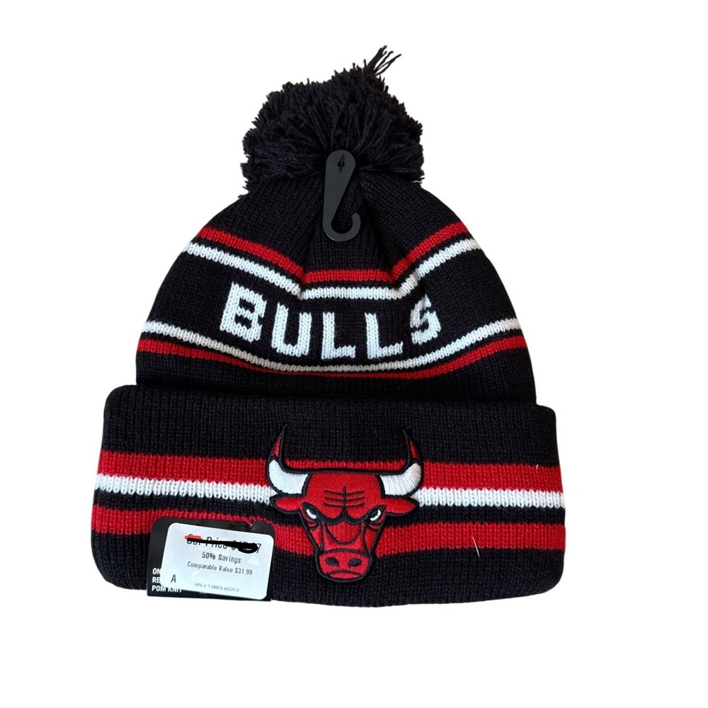 NBA Chicago Bulls Beanie Unisex Black Red Striped Pom Knit Hat NWT SIZE OS